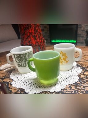 Vintage Milk Glass Mug Lot: Fire-King Green Flower, Carleton Crest, Retro Floral